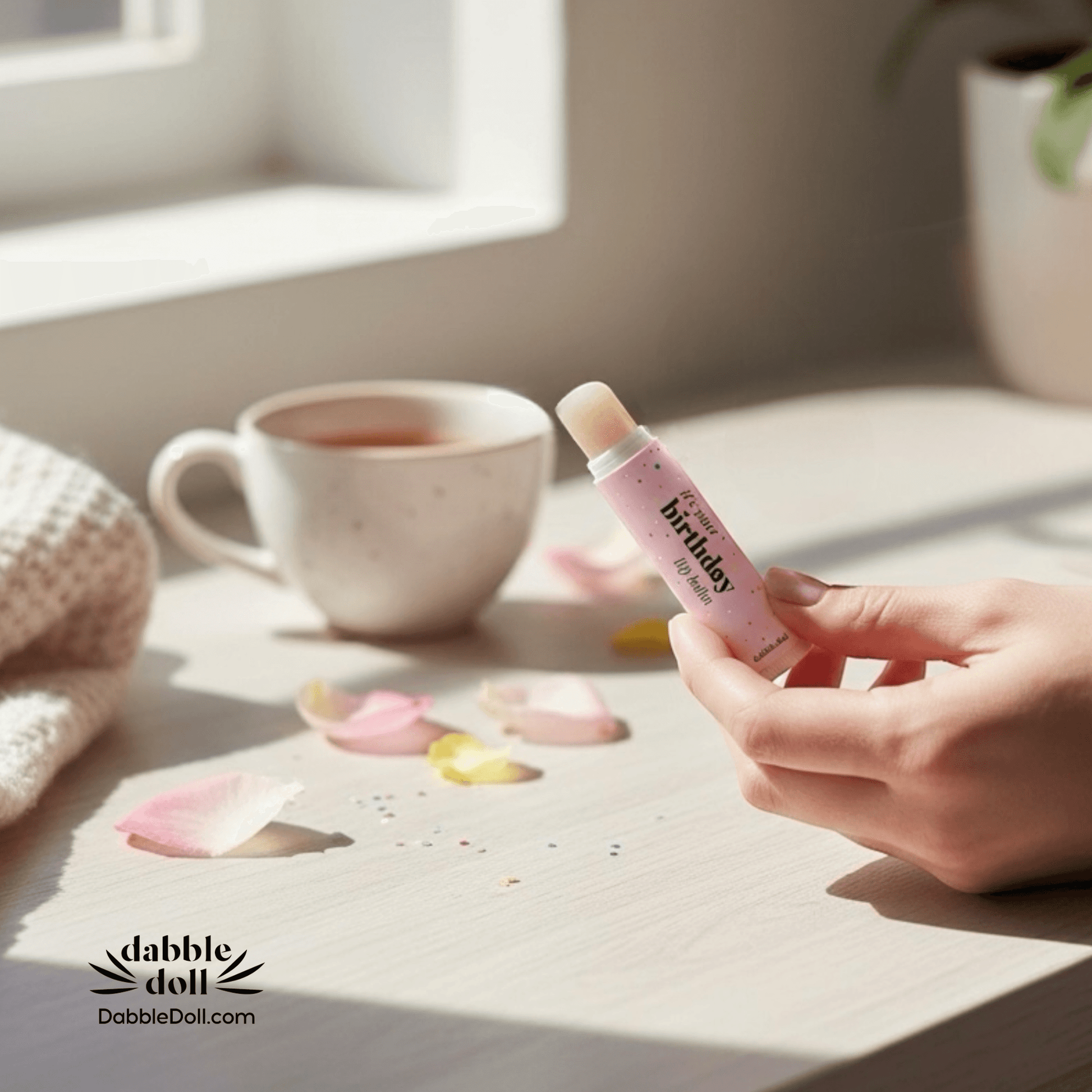 Dabble Doll Birthday Scented Lip Balm Held by a Hand Next to a Mug and Flower Petals