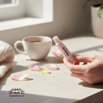 Dabble Doll Birthday Scented Lip Balm Held by a Hand Next to a Mug and Flower Petals