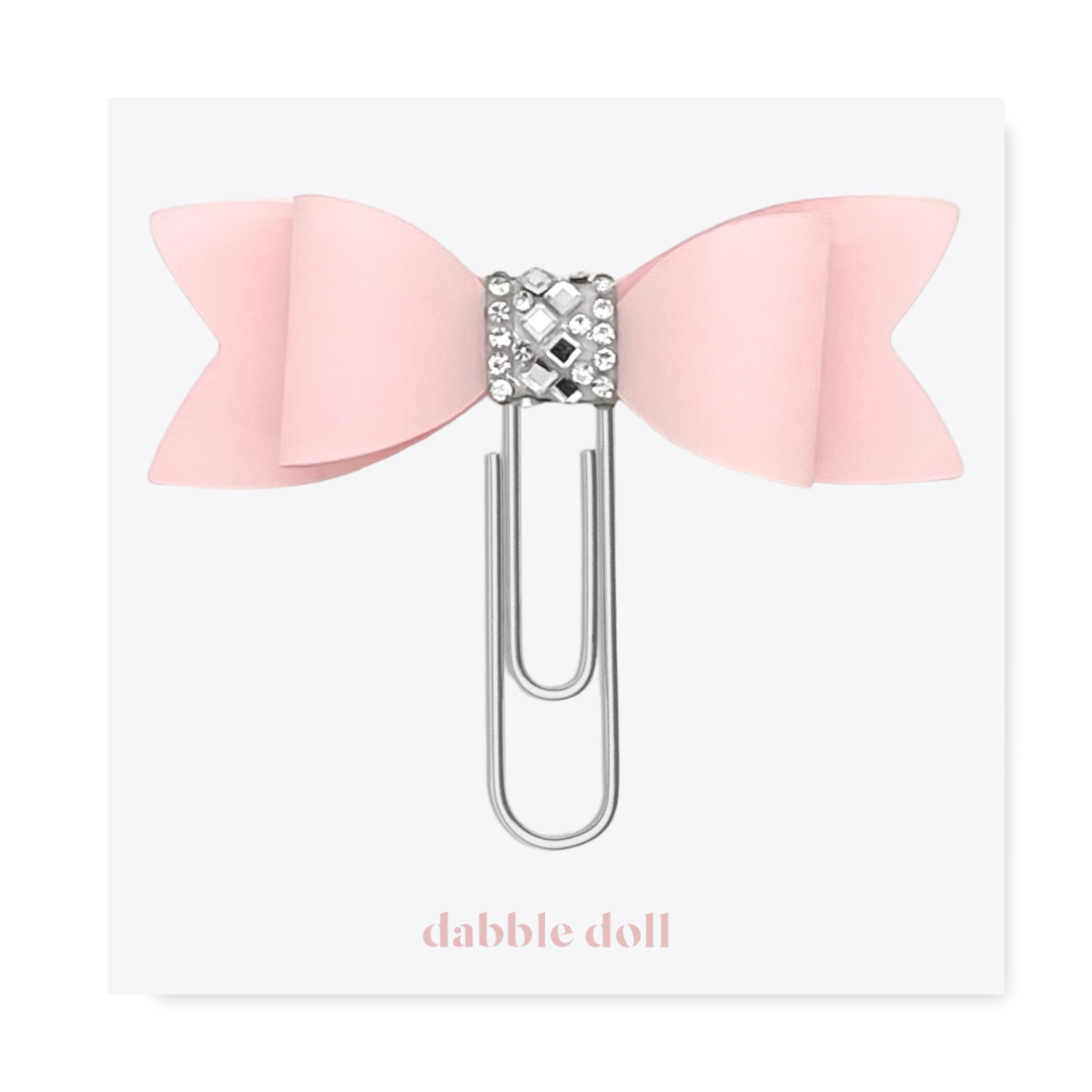 Dabble Doll Bow Paperclip in Pink with Rhinestone Detail for Stylish Note-taking