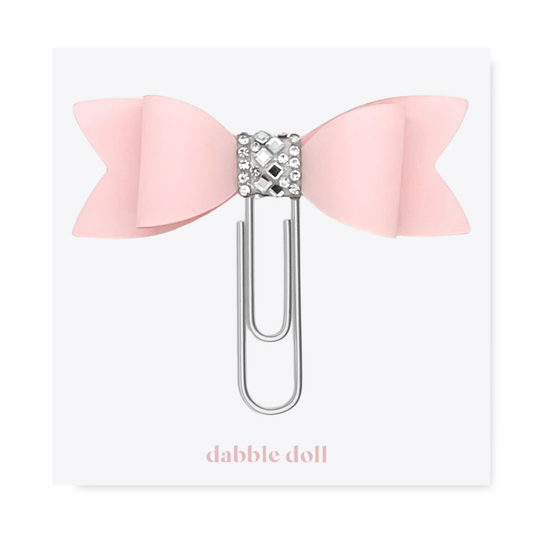 Dabble Doll Bow Paperclip in Pink with Rhinestone Detail for Stylish Note-taking