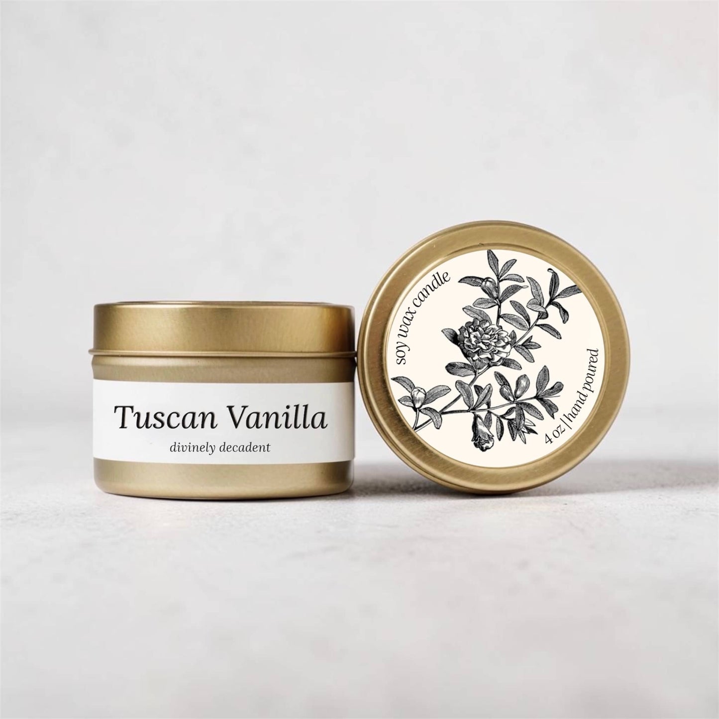 Dabble Doll Tuscan Vanilla Soy Wax Candle in Gold Tin with Elegant Design for Home Fragrance