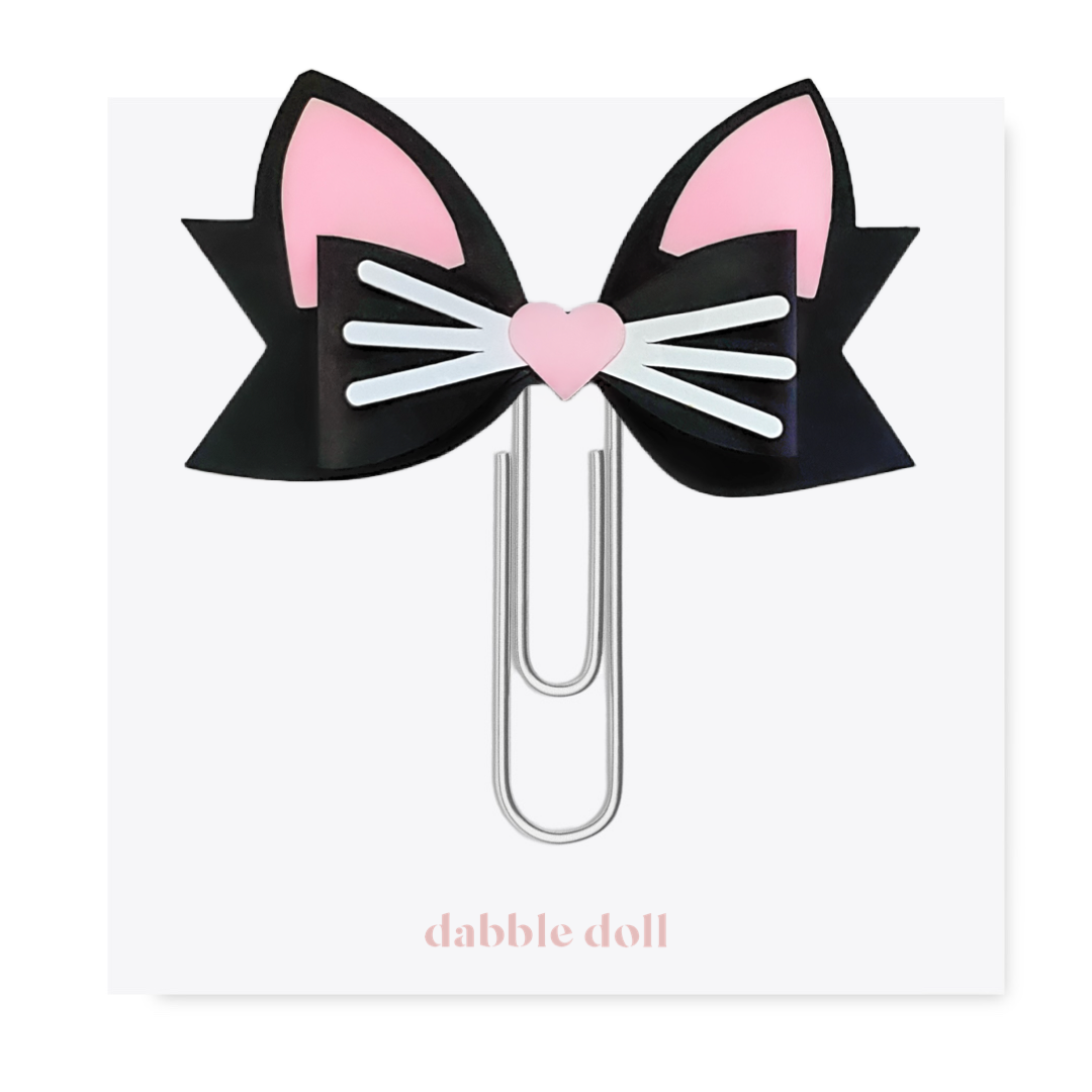 Dabble Doll Cat Stationery Bow Paper Clip with Pink and Black Cat Ears and Heart Detail