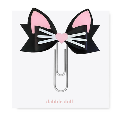 Dabble Doll Cat Stationery Bow Paper Clip with Pink and Black Cat Ears and Heart Detail