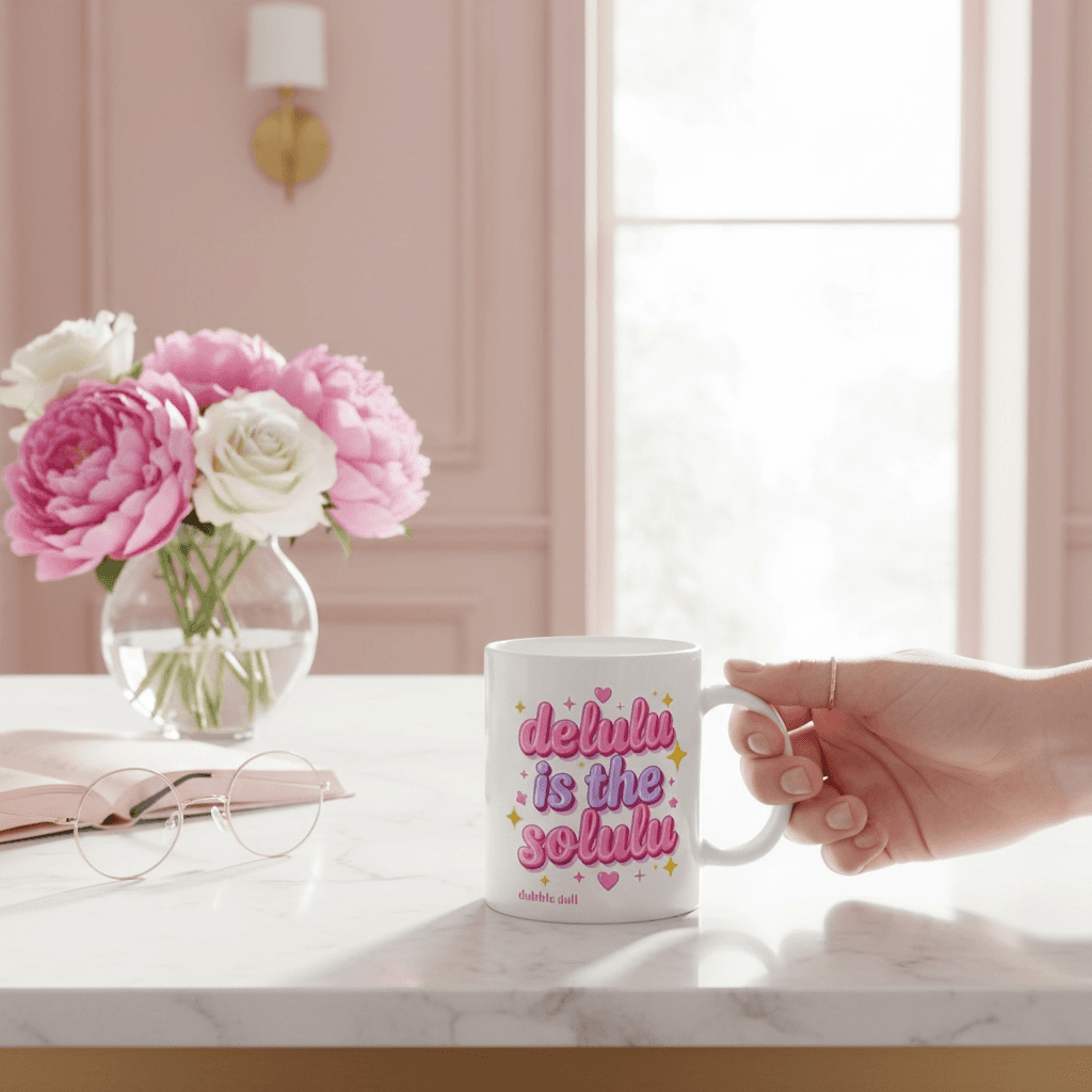 Dabble Doll Gift Box featuring a Ceramic Mug with bright pink text saying delulu is the solulu