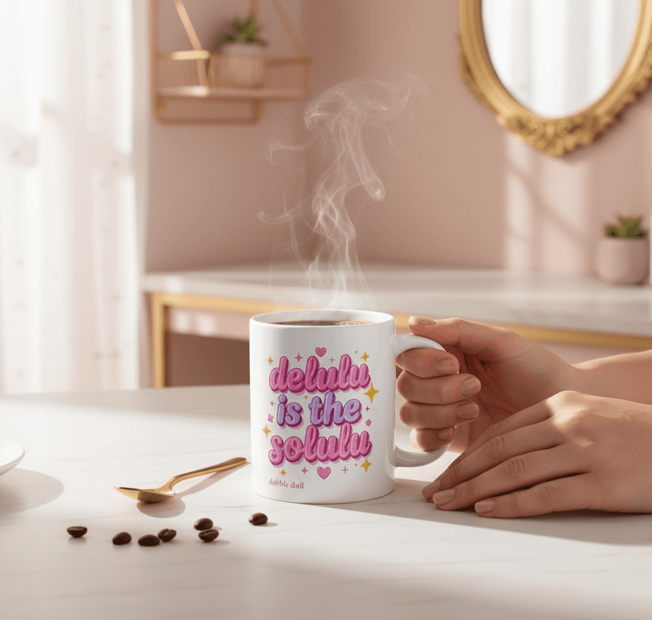 Dabble Doll Ceramic Mug with the phrase 'delulu is the solulu', perfect for gift boxes or coffee lovers