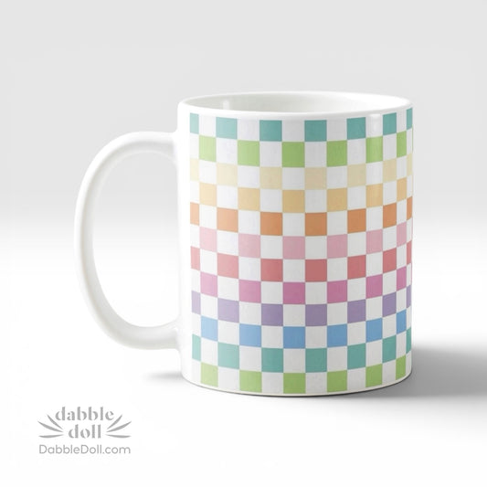 Dabble Doll colorful checker-pattern coffee mug perfect for gifting and everyday use
