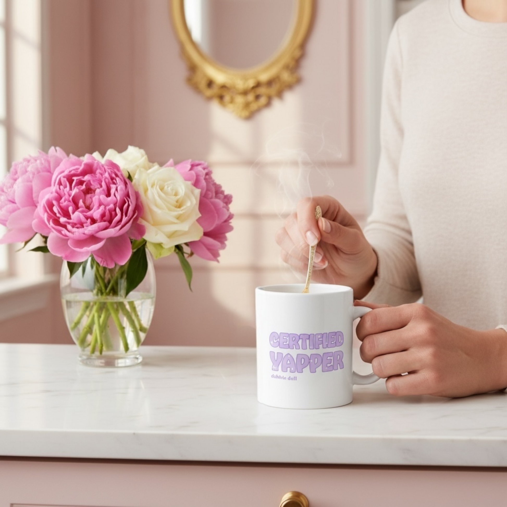 Dabble Doll Certified Yapper Coffee Mug Novelty with Steam Rising from Hot Coffee