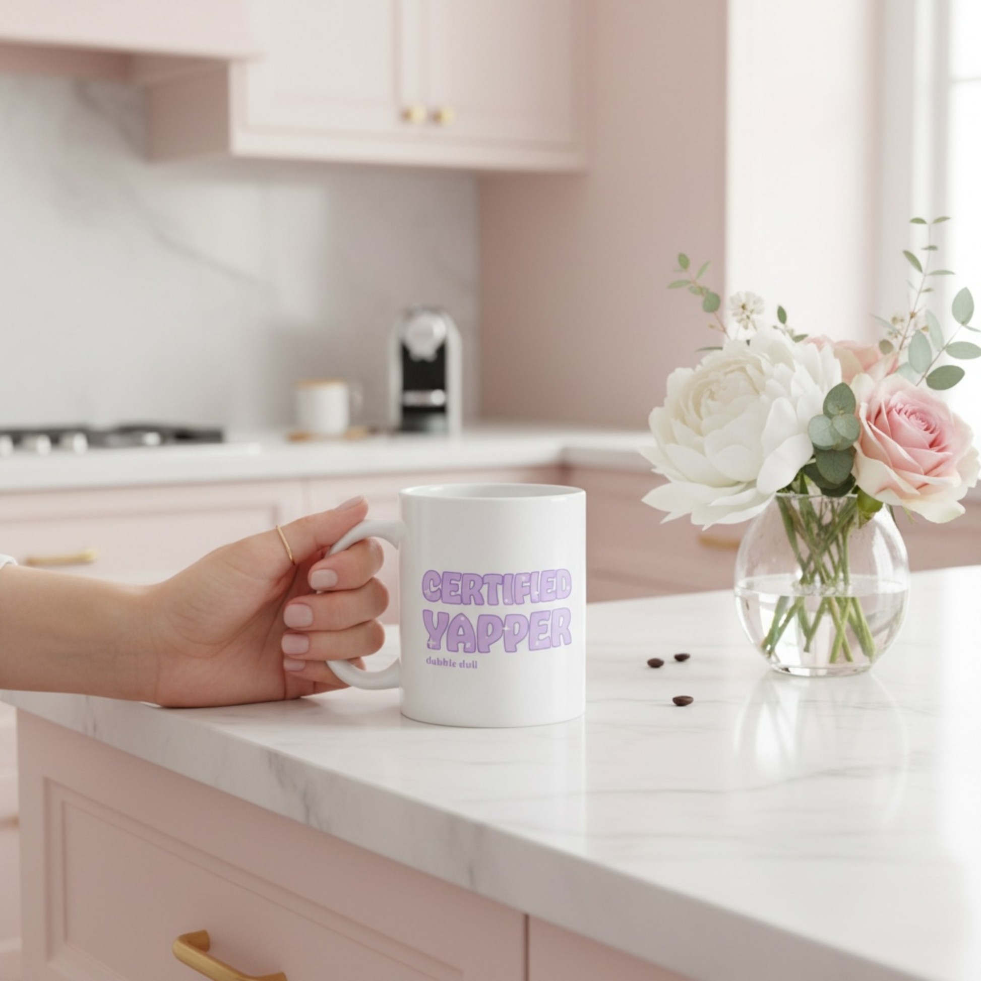 Dabble Doll Certified Yapper Coffee Mug Novelty in a stylish kitchen setting