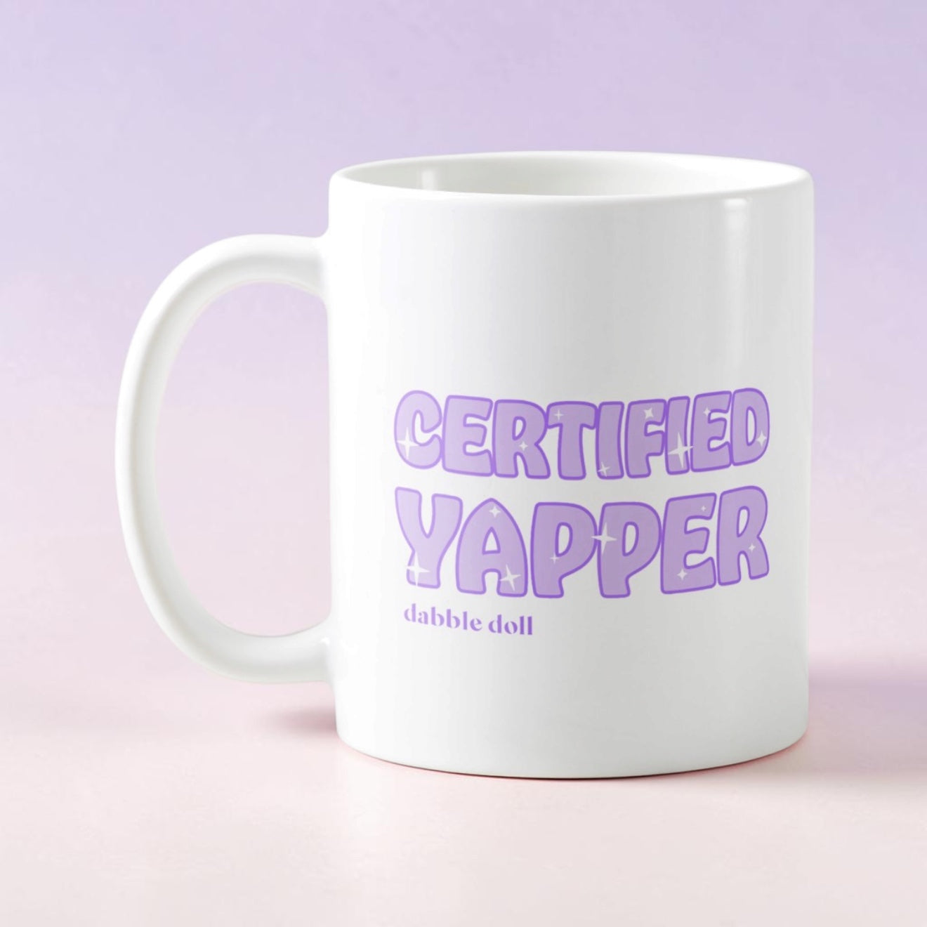Dabble Doll Certified Yapper Coffee Mug Novelty with playful purple text design