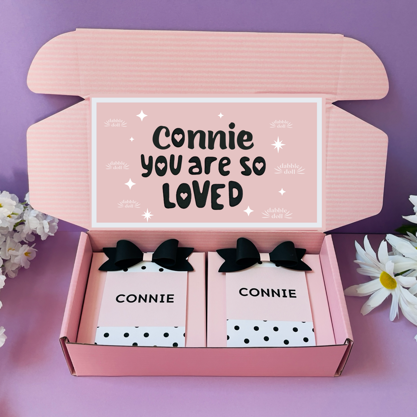Pink Dabble Doll Gift Box with Cute Message for Girls, Featuring Black Bows and Polka Dot Design