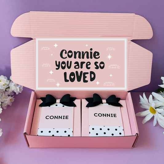 Pink Dabble Doll Gift Box with Cute Message for Girls, Featuring Black Bows and Polka Dot Design