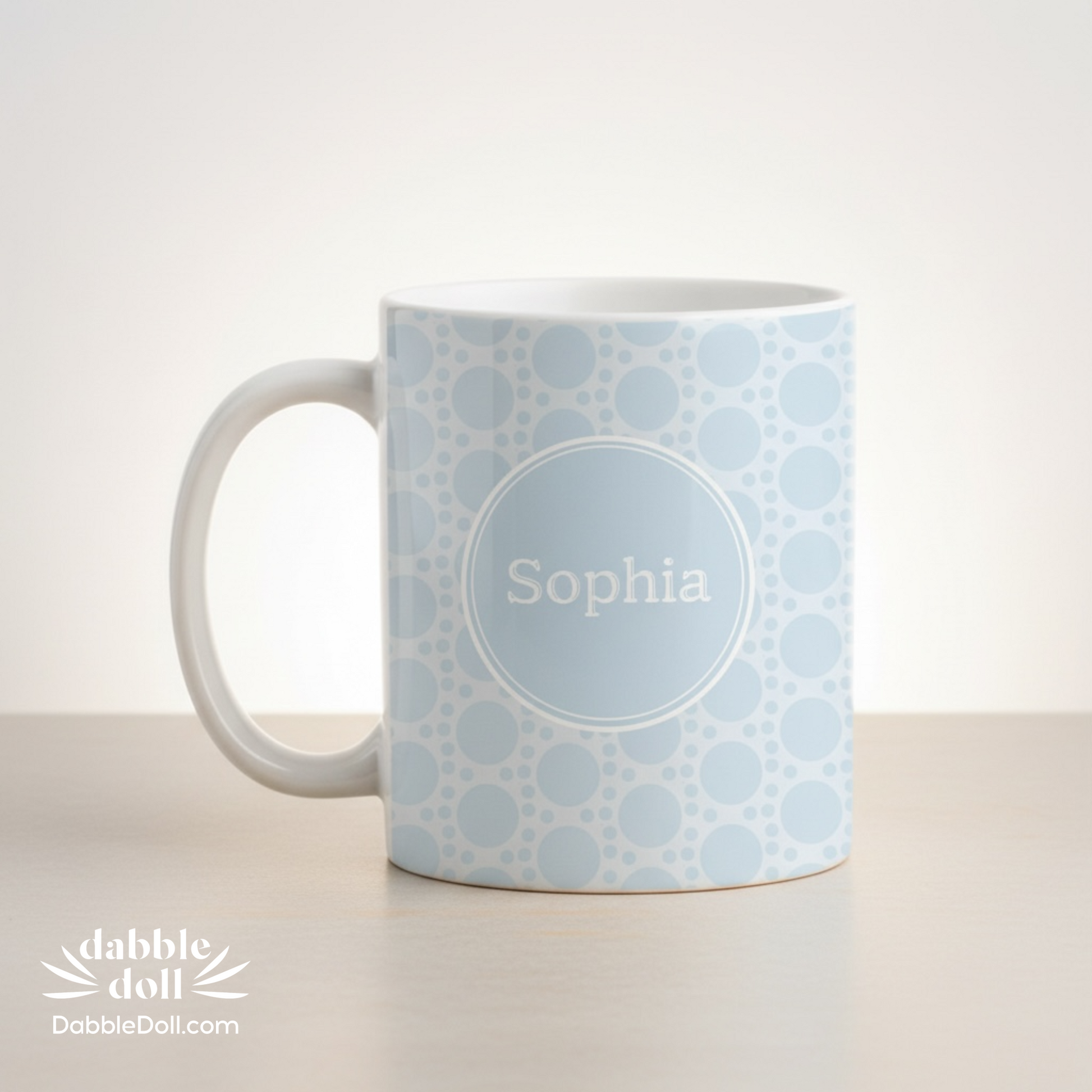 Personalized Dabble Doll Gift Box with Custom Sophia Mug in Light Blue Design