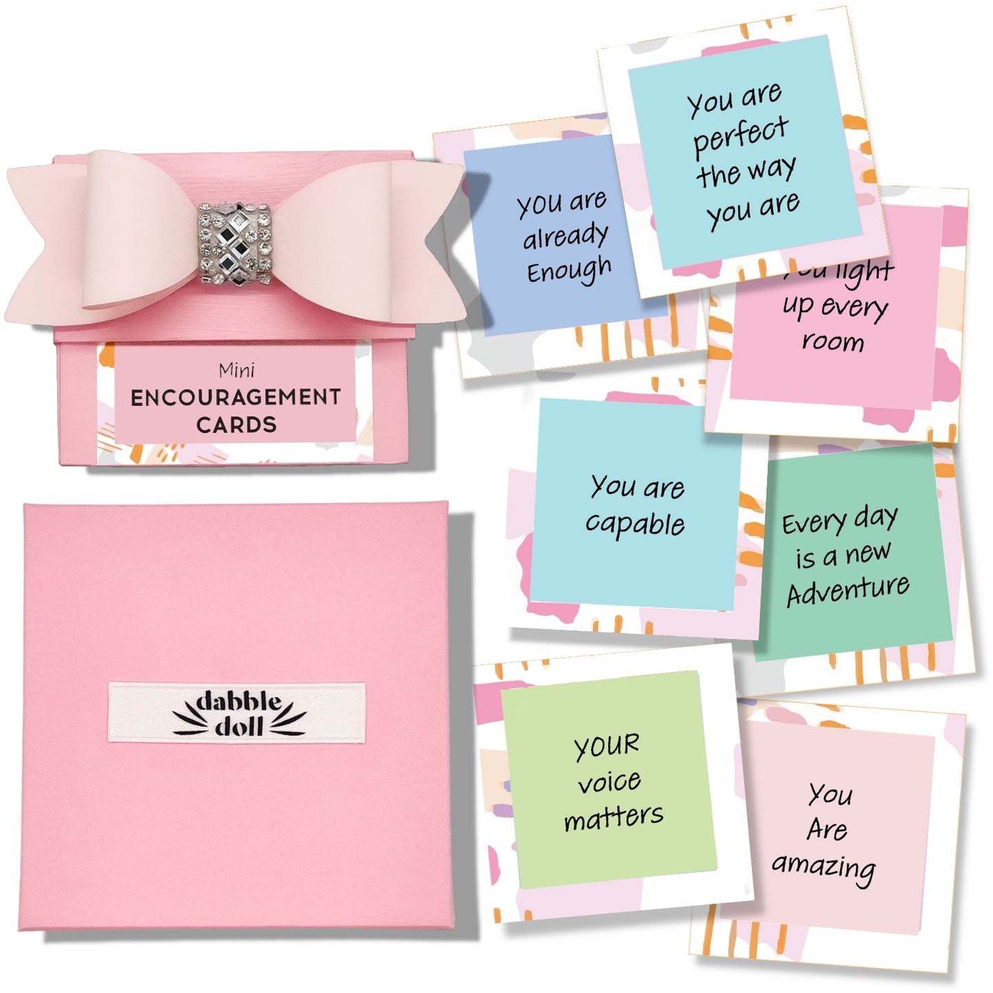 Dabble Doll Mini Encouragement Cards in pink with inspirational messages for girls and women