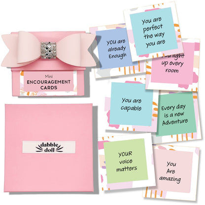 Dabble Doll Mini Encouragement Cards in pink with inspirational messages for girls and women