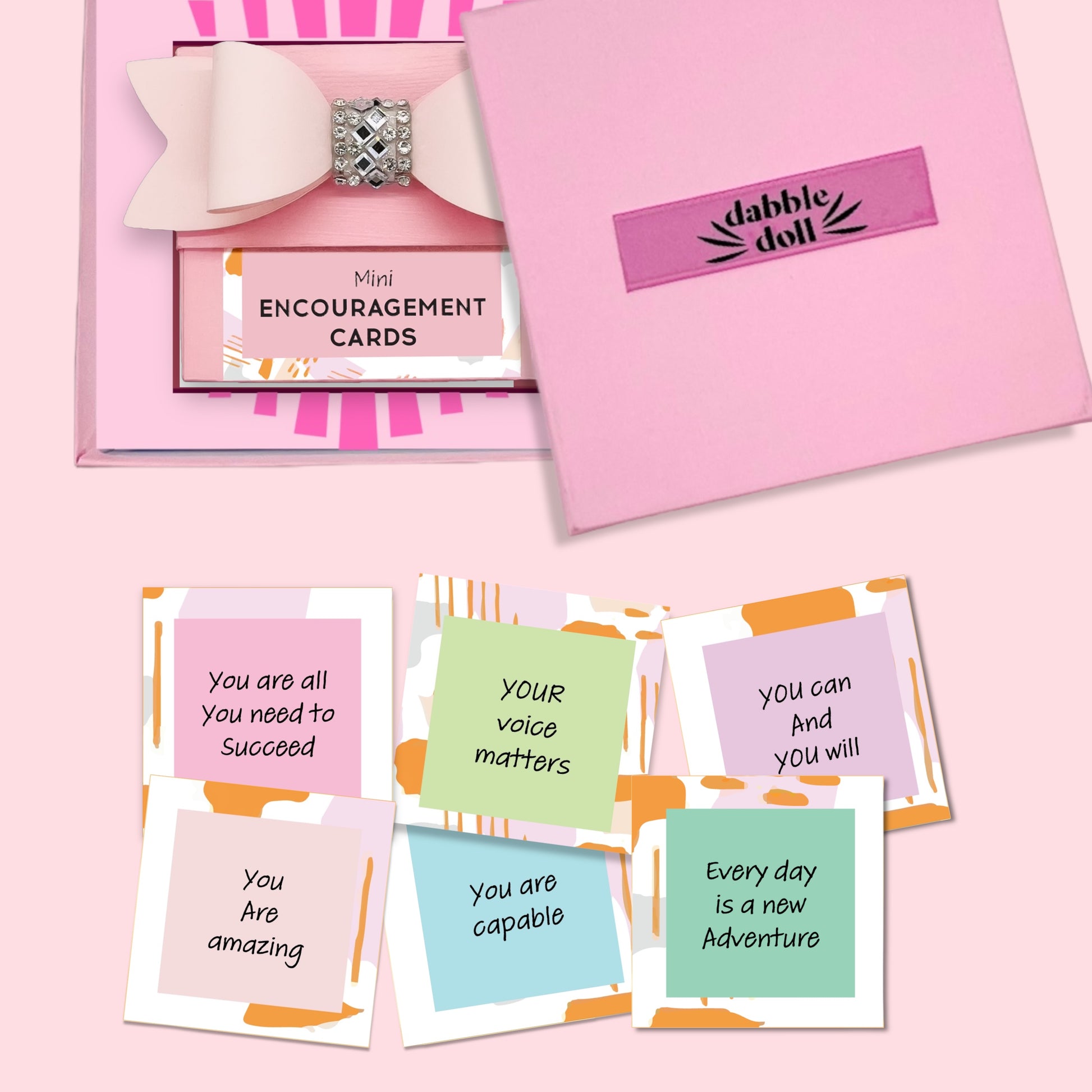 Dabble Doll Mini Encouragement Cards in pink box, perfect for girls and women, featuring motivational messages