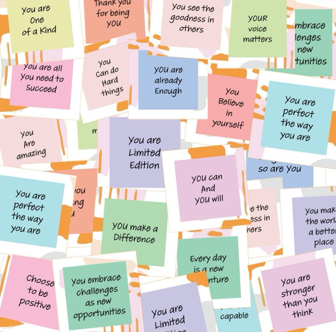 Colorful encouragement cards designed for girls and women, featuring motivational messages and positive affirmations