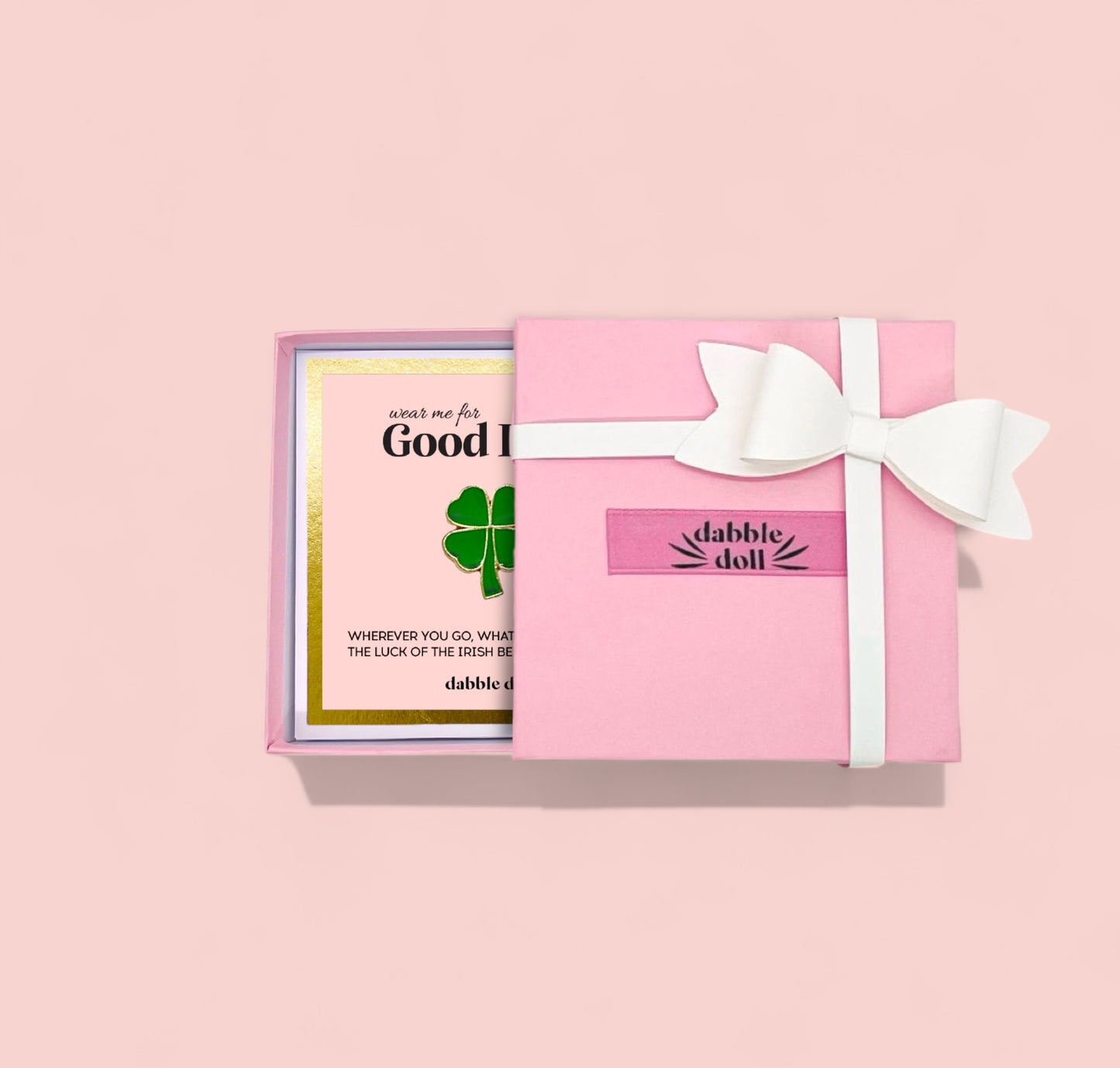 Pink Dabble Doll gift box featuring a Four leaf clover card ideal for girls and women
