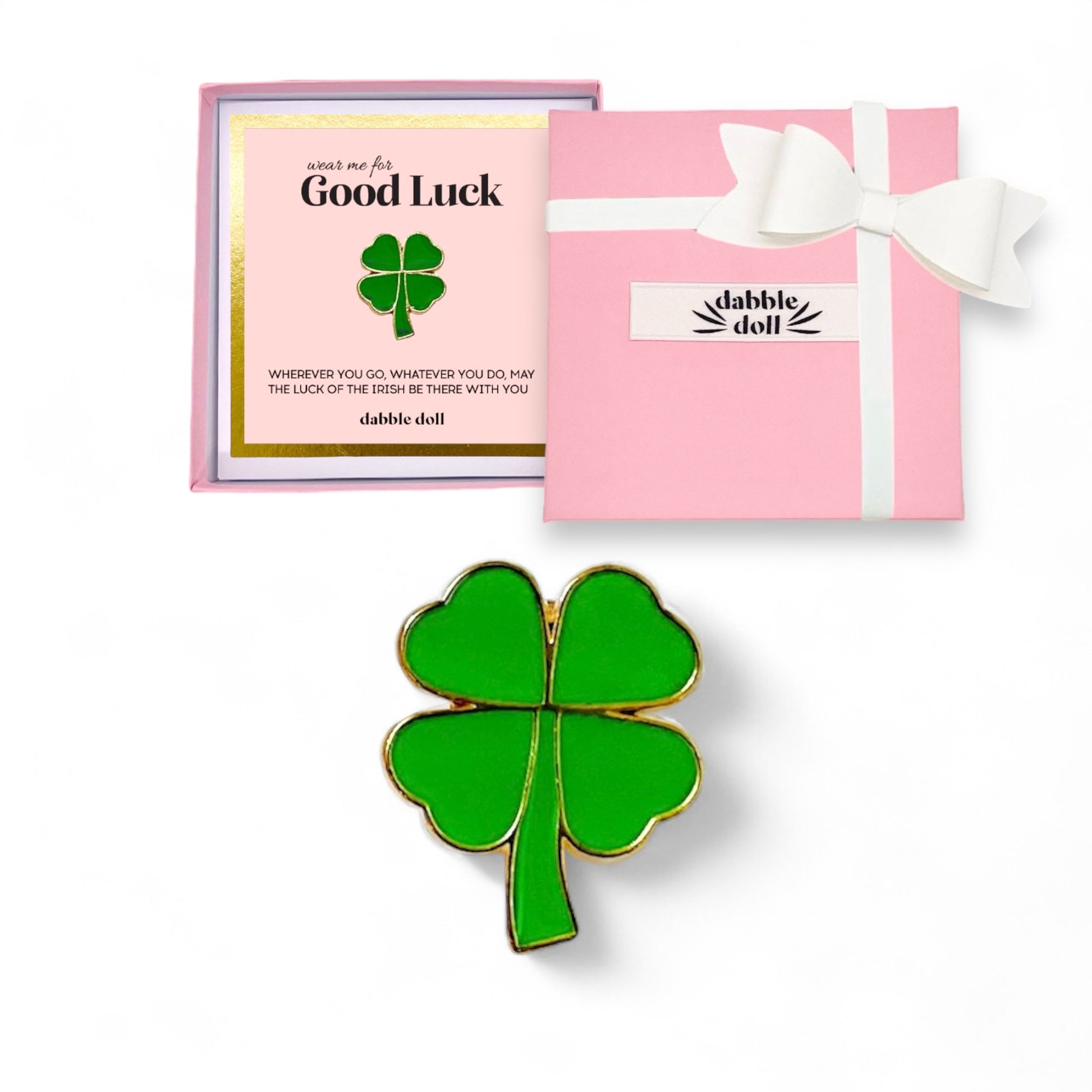 Green Four Leaf Clover Charm in Goldtone Finish for Girls and Women, packaged elegantly for good luck