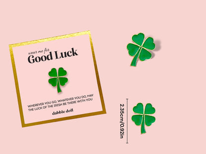 Green Four Leaf Clover Enamel Pin Set for Girls and Women with Good Luck Message Card by Dabble Doll