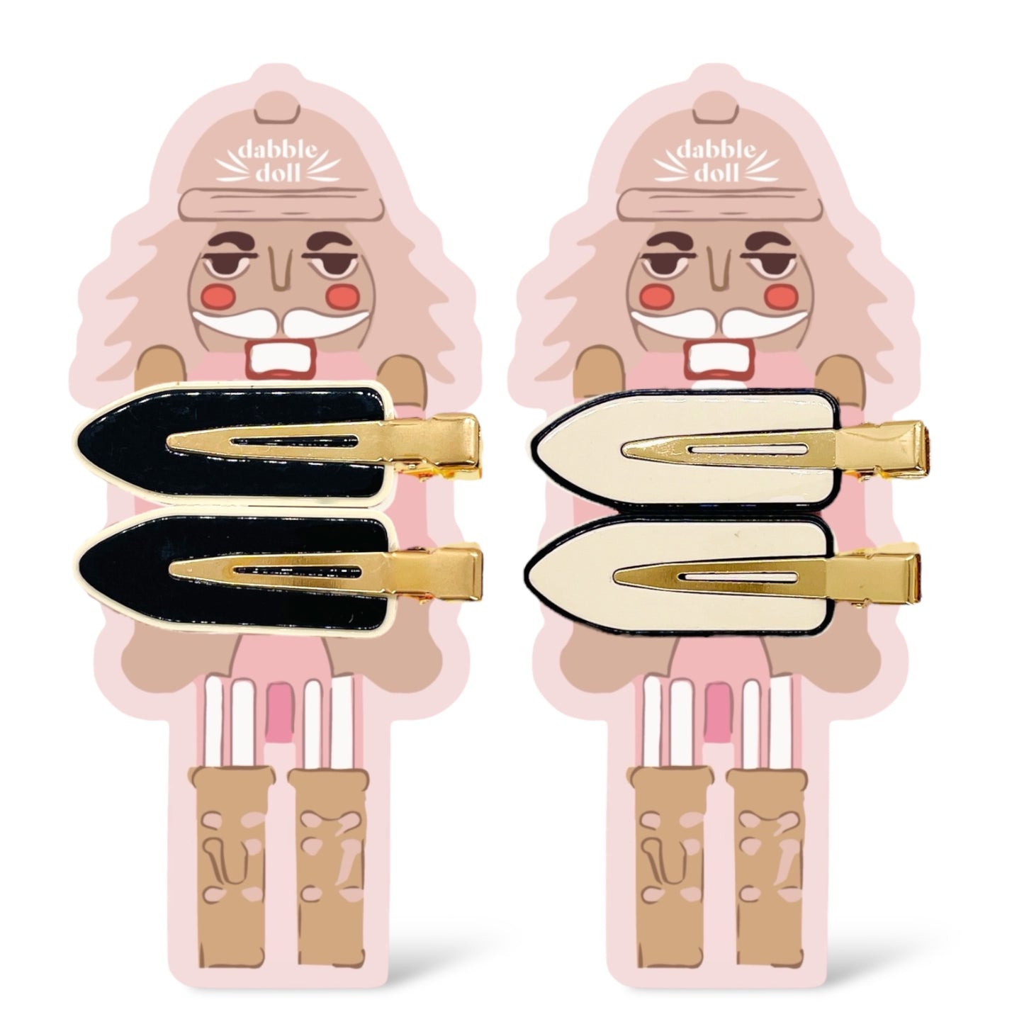 Dabble Doll gift box featuring cute nutcracker hair clips in pink, black, and cream for girls and women