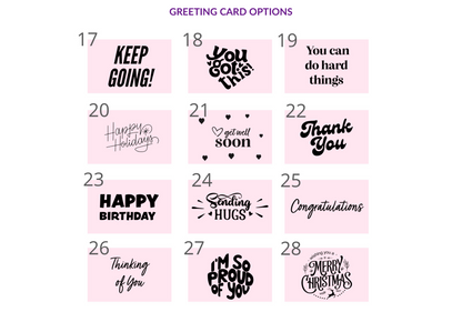 Dabble Doll gift box in colorful design featuring cheerful greeting card options for girls and women