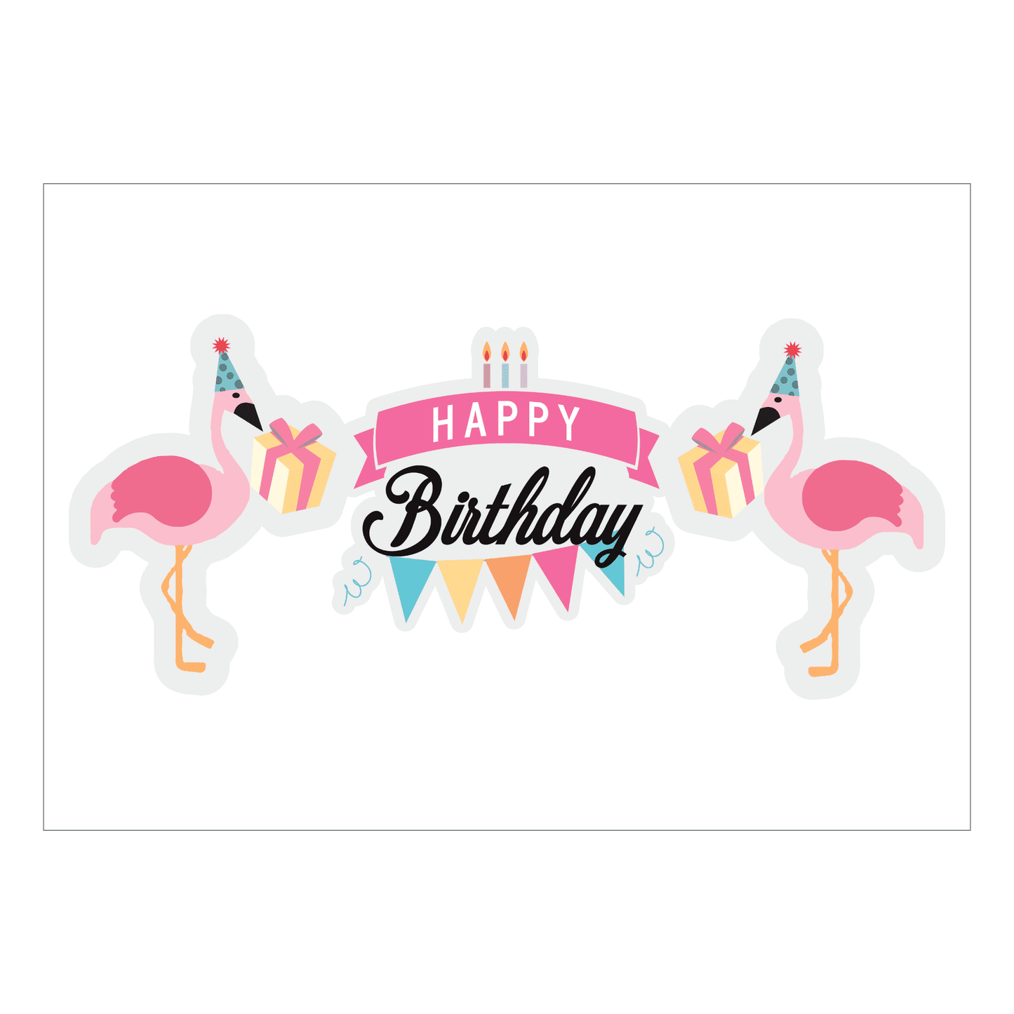 Colorful birthday gift box design with flamingos and festive banners for girls and women