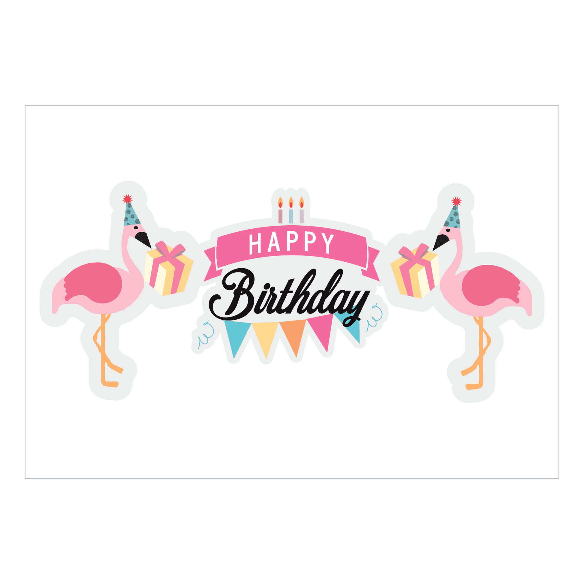 Colorful birthday gift box design with flamingos and festive banners for girls and women