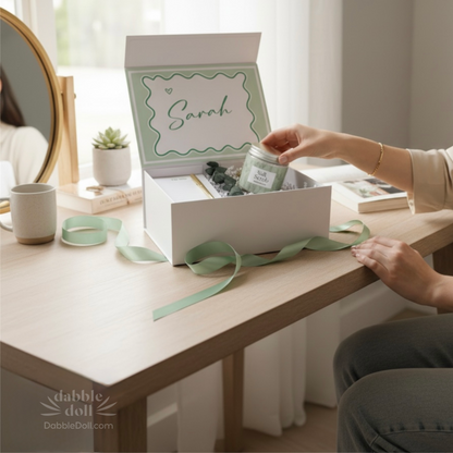 Personalized Dabble Doll gift box with green ribbon and candle being placed inside on a wooden table