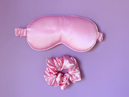 Pink silk sleep mask and scrunchie gift box for girls and women by Dabble Doll