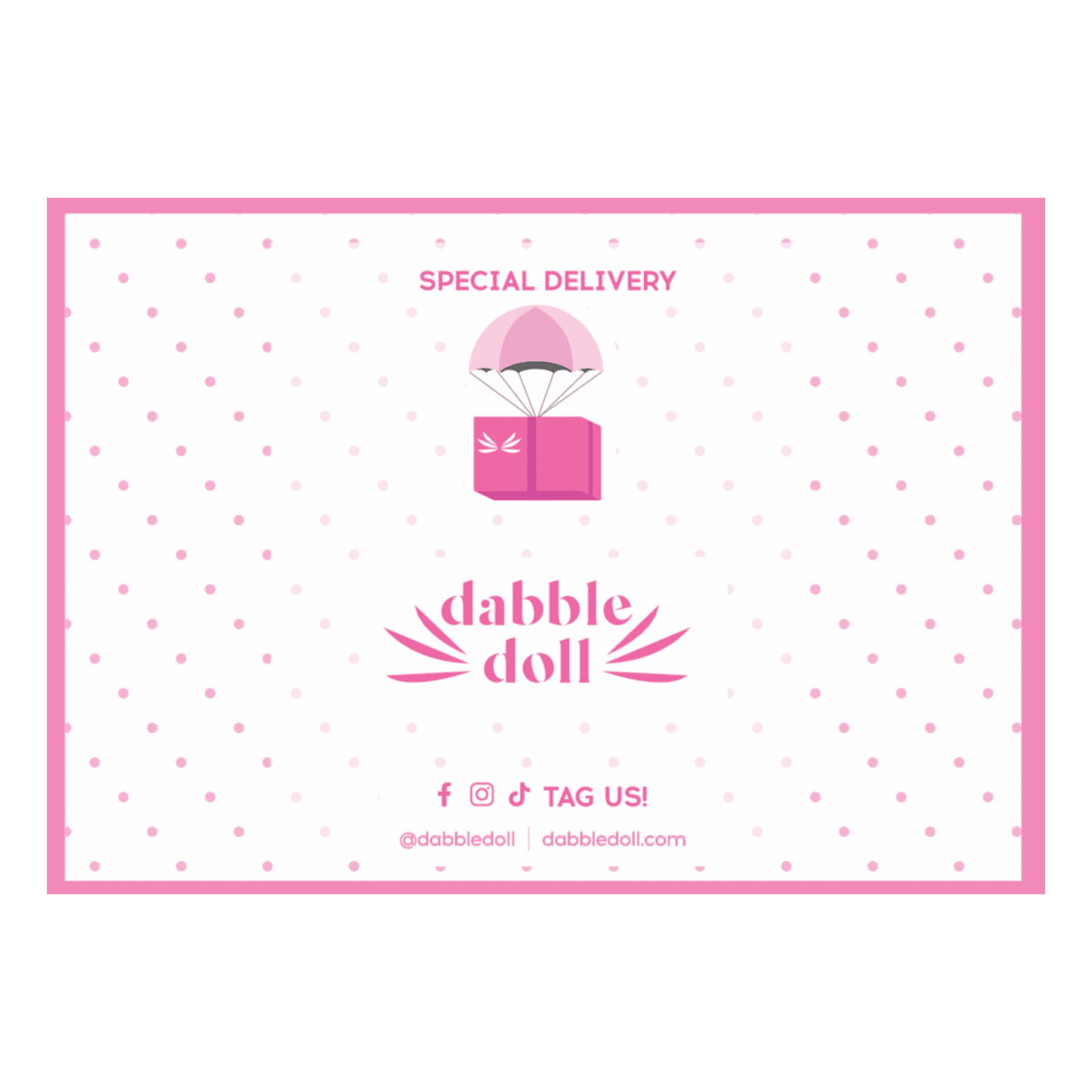 Dabble Doll pink gift box design with a special delivery theme, perfect for girls and women