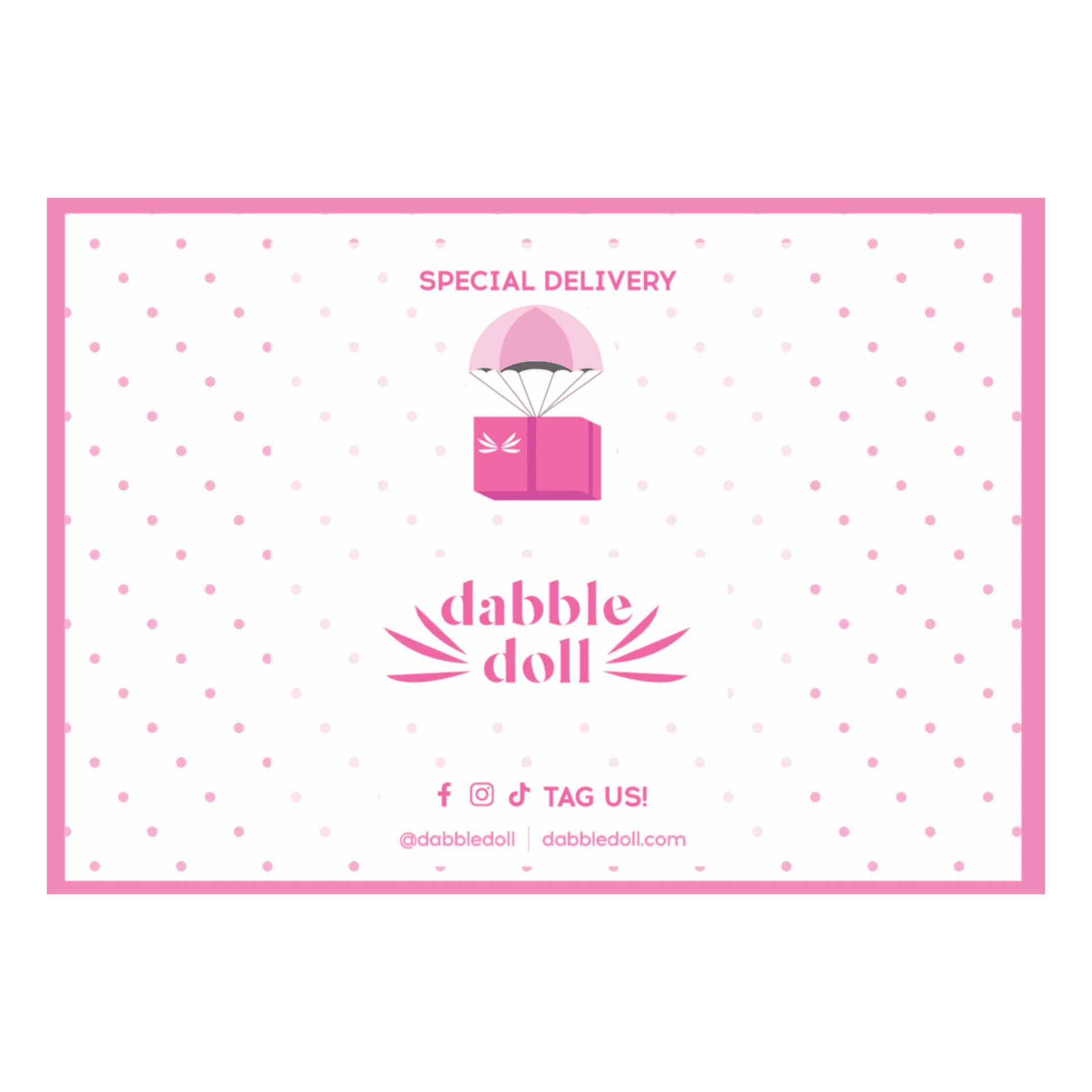 Dabble Doll pink gift box design with a special delivery theme, perfect for girls and women