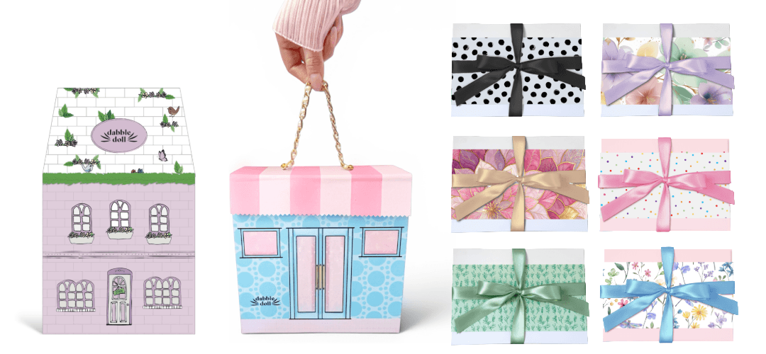 Dabble Doll Gift Box Set with Colorful Designs and Ribbons for Special Occasions