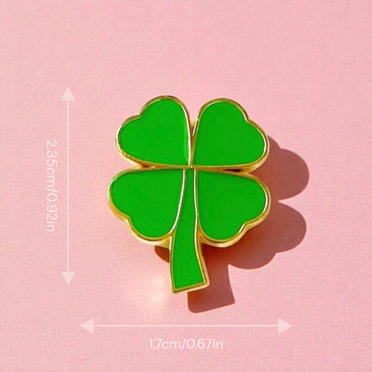 Dabble Doll Green Four-Leaf Clover Pin for a good luck gift with a shiny gold outline