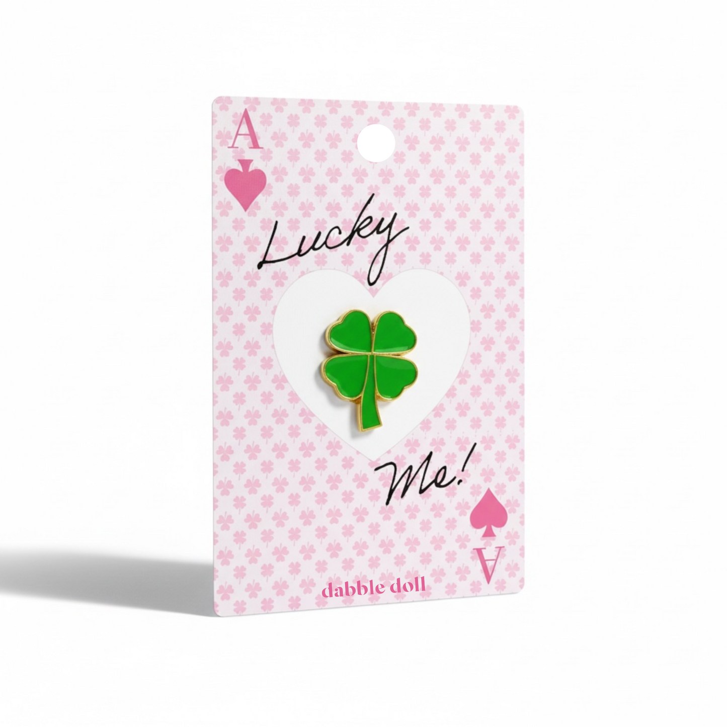 Dabble Doll Lucky Me Four Leaf Clover Pin on Pink Heart Card, a perfect good luck gift