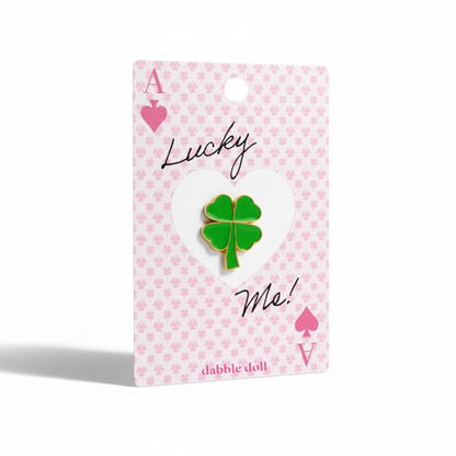 Dabble Doll Lucky Me Four Leaf Clover Pin on Pink Heart Card, a perfect good luck gift