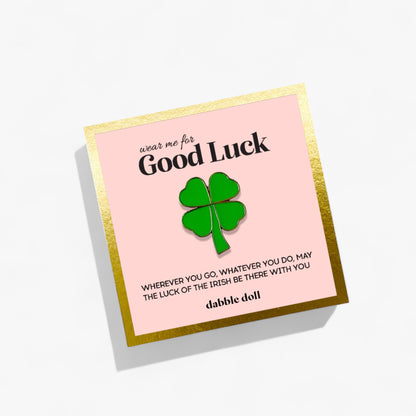 Dabble Doll Good Luck Green Shamrock Pin on a Pink Card for Girls and Women