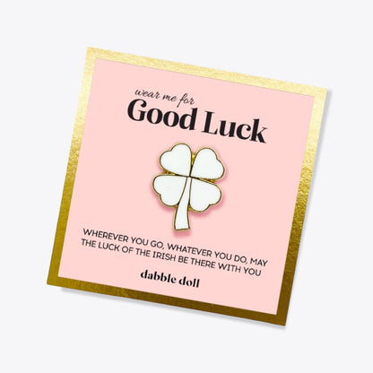 Dabble Doll Good Luck Clover Pin in White with Gold Accents for Girls and Women