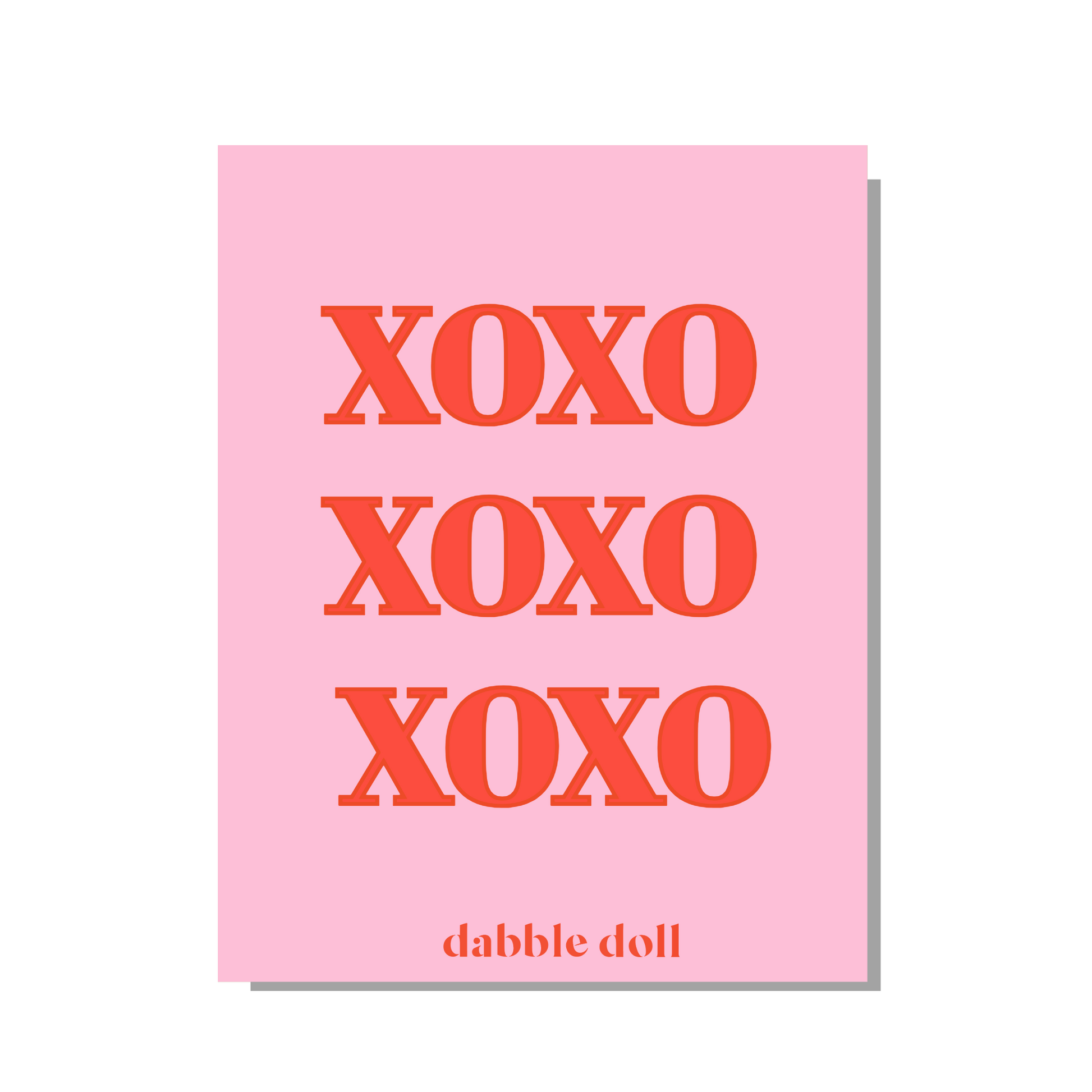Pink Dabble Doll greeting card featuring bold red XOXO design for girls and women