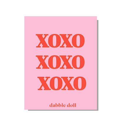 Pink Dabble Doll greeting card featuring bold red XOXO design for girls and women
