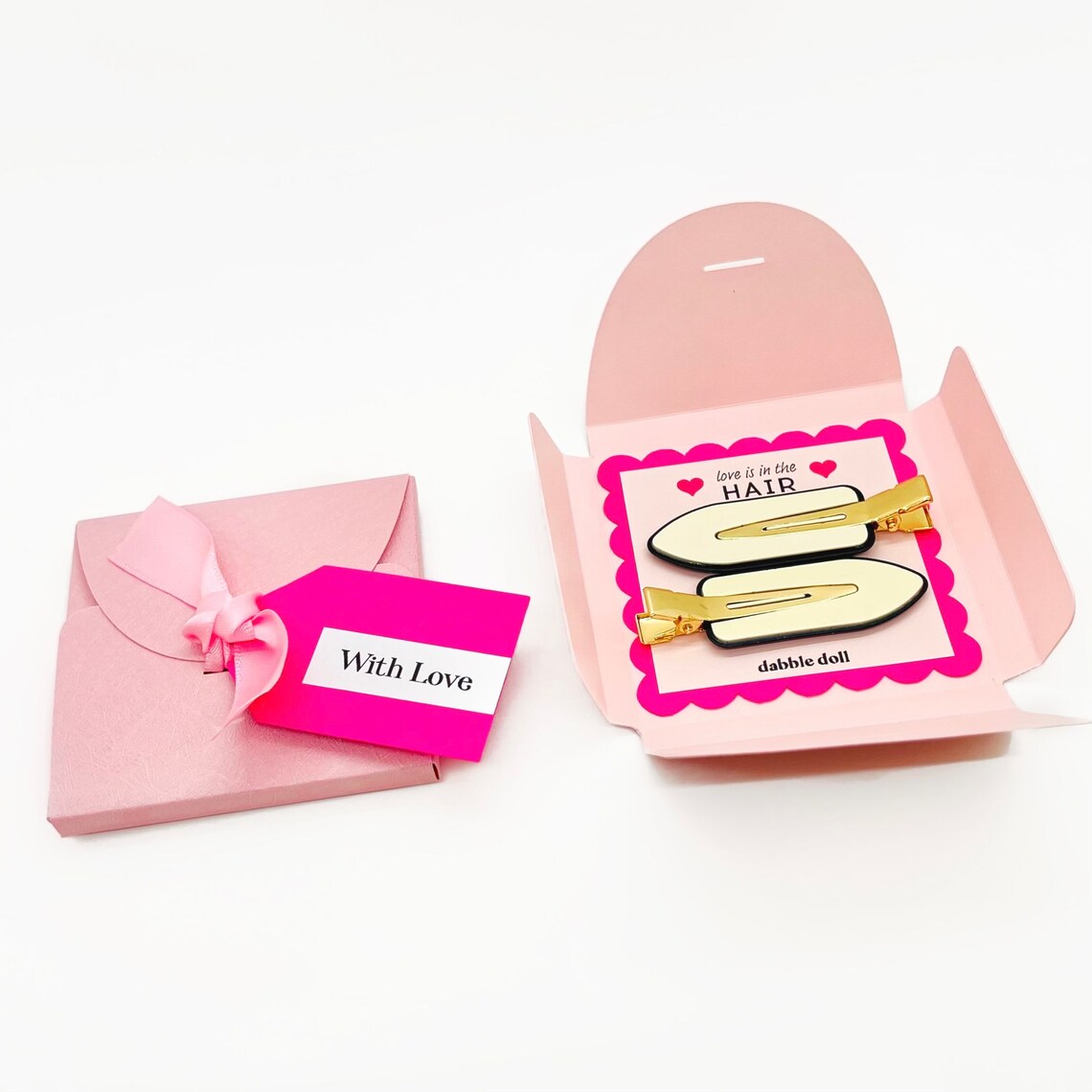 Dabble Doll Hair Clips in gold and white gift box for girls and women with love tag