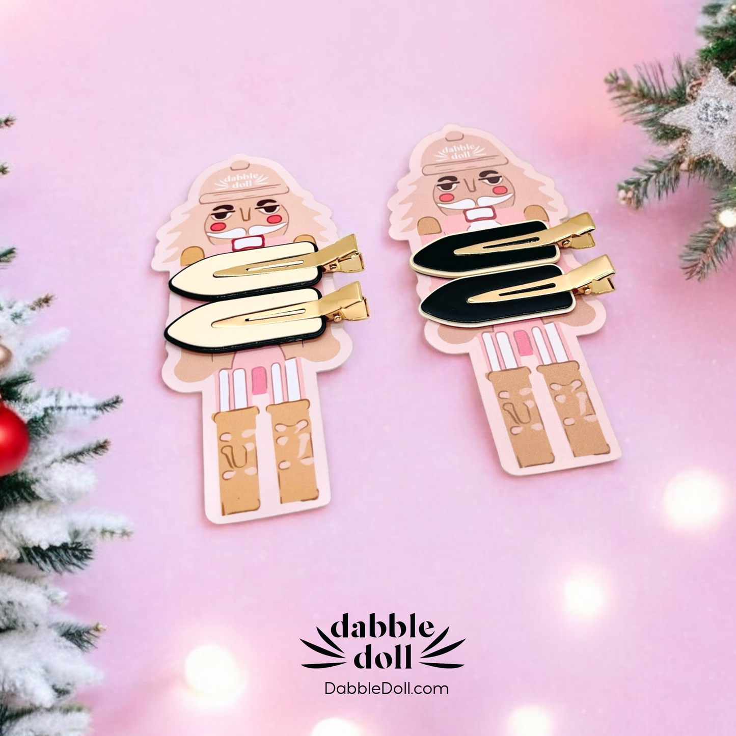 Dabble Doll Nutcracker Hair Clips in Black for Girls and Women, ideal for festive hairstyles.
