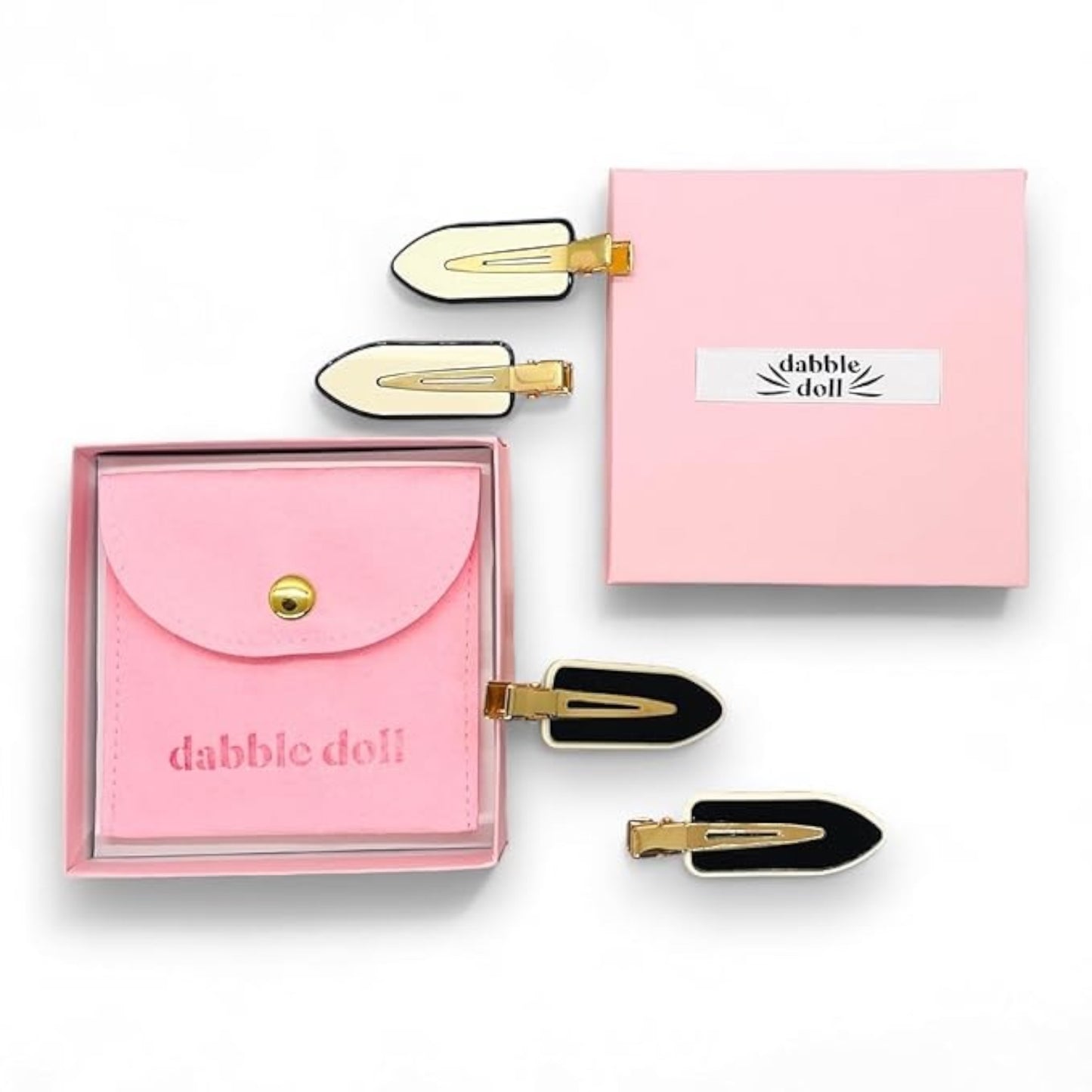 Dabble Doll black hair clips in a pink gift box, perfect for girls and women