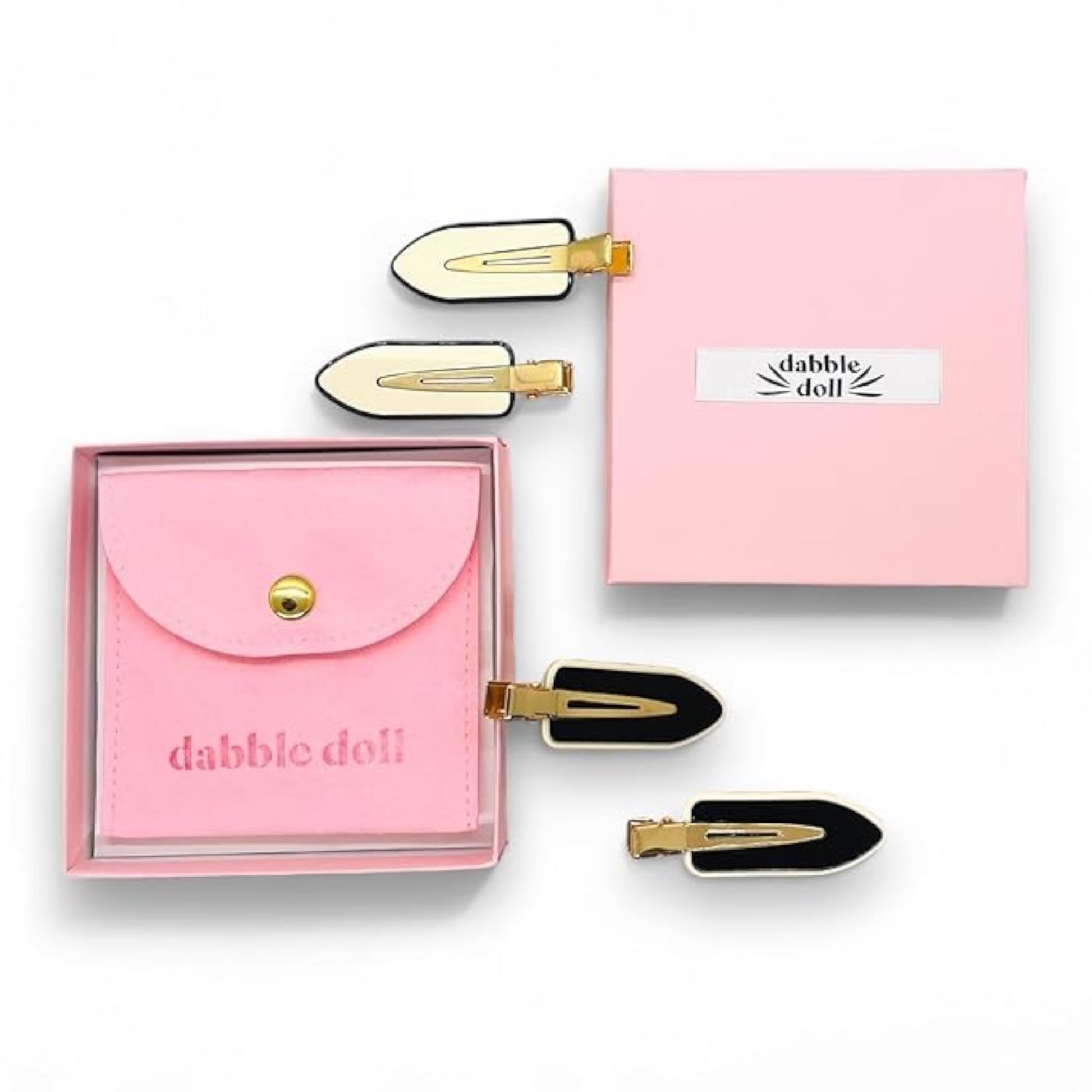 Dabble Doll black hair clips in a pink gift box, perfect for girls and women