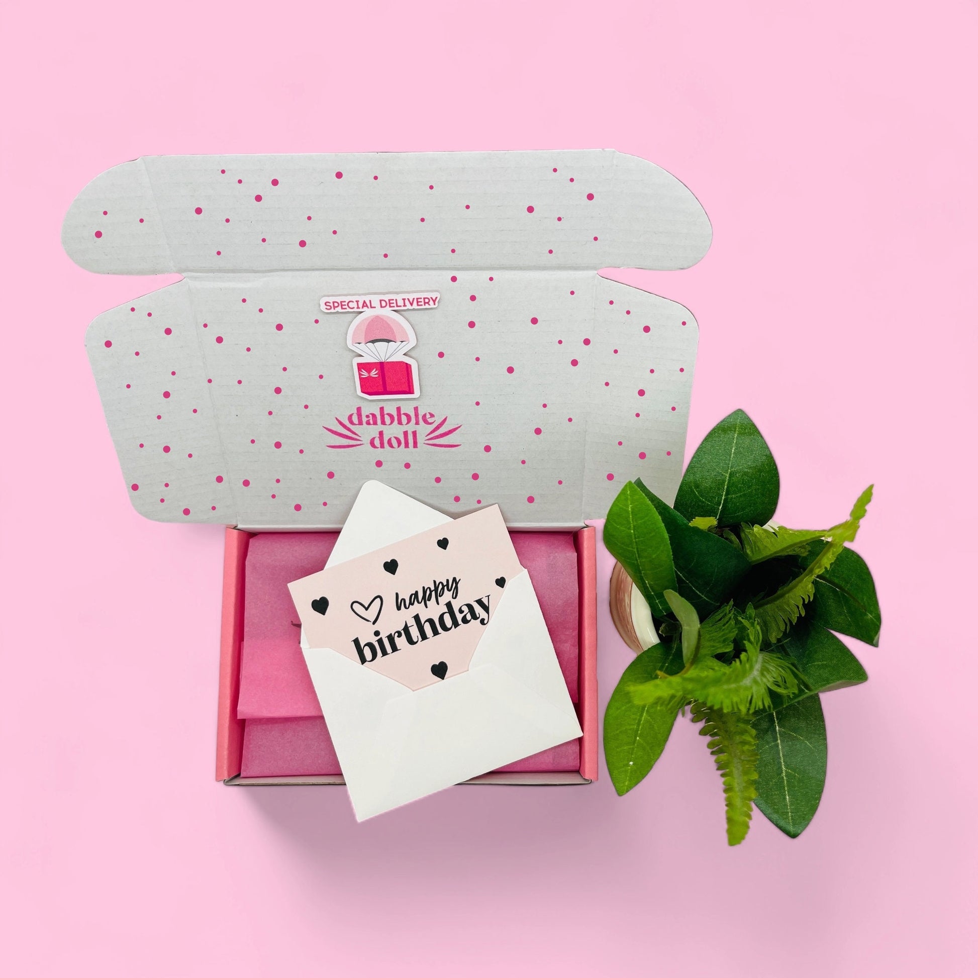 Dabble Doll pink gift box with affirmation card, ideal for girls and women on special occasions