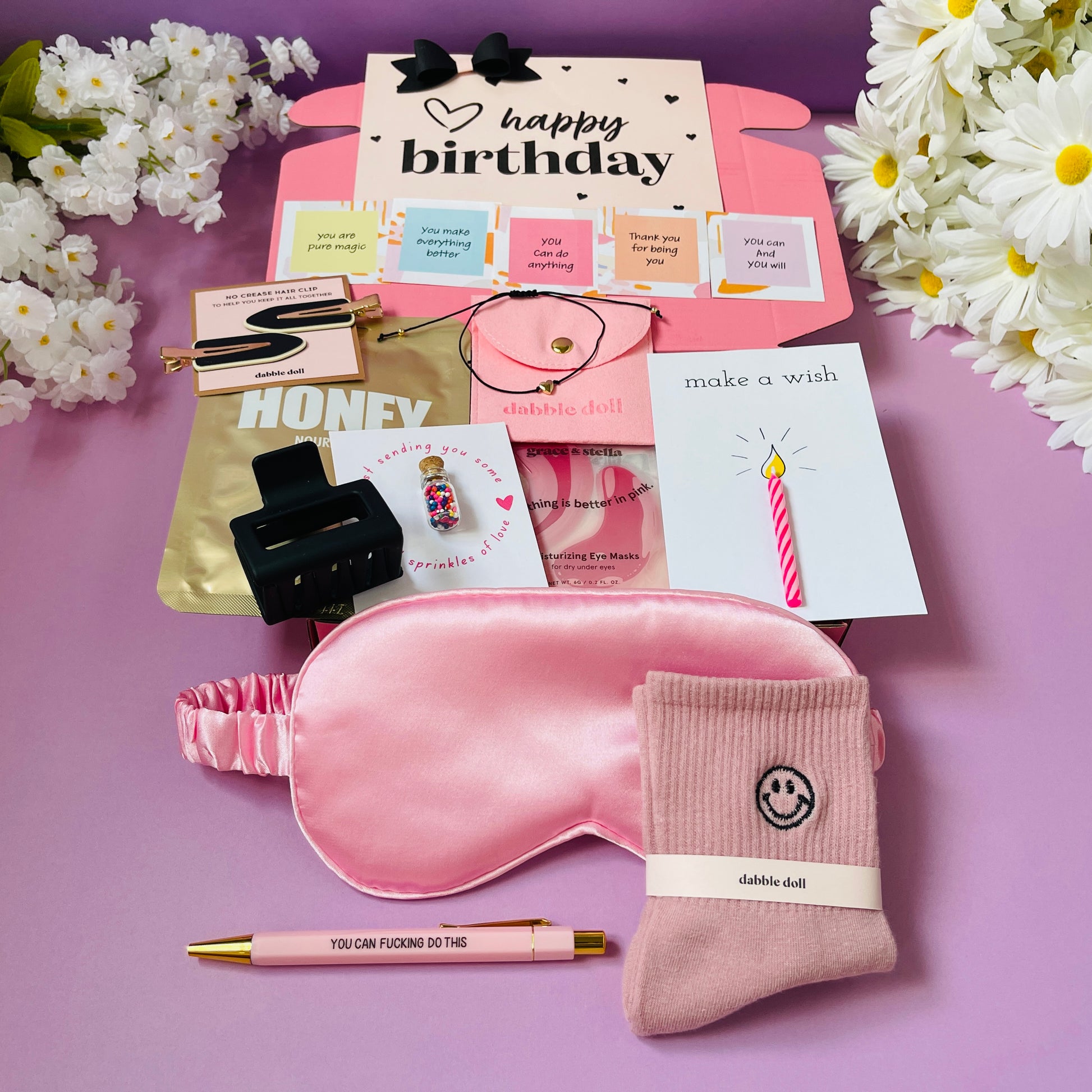 Dabble Doll Birthday Gift Box with Sleep Mask, Socks, Cards, and Accessories for Celebrating Special Days