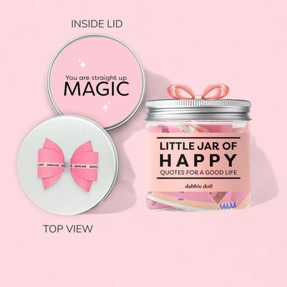 Happy jar gift box with inspirational quotes and pink bows inside for uplifting gifting experiences