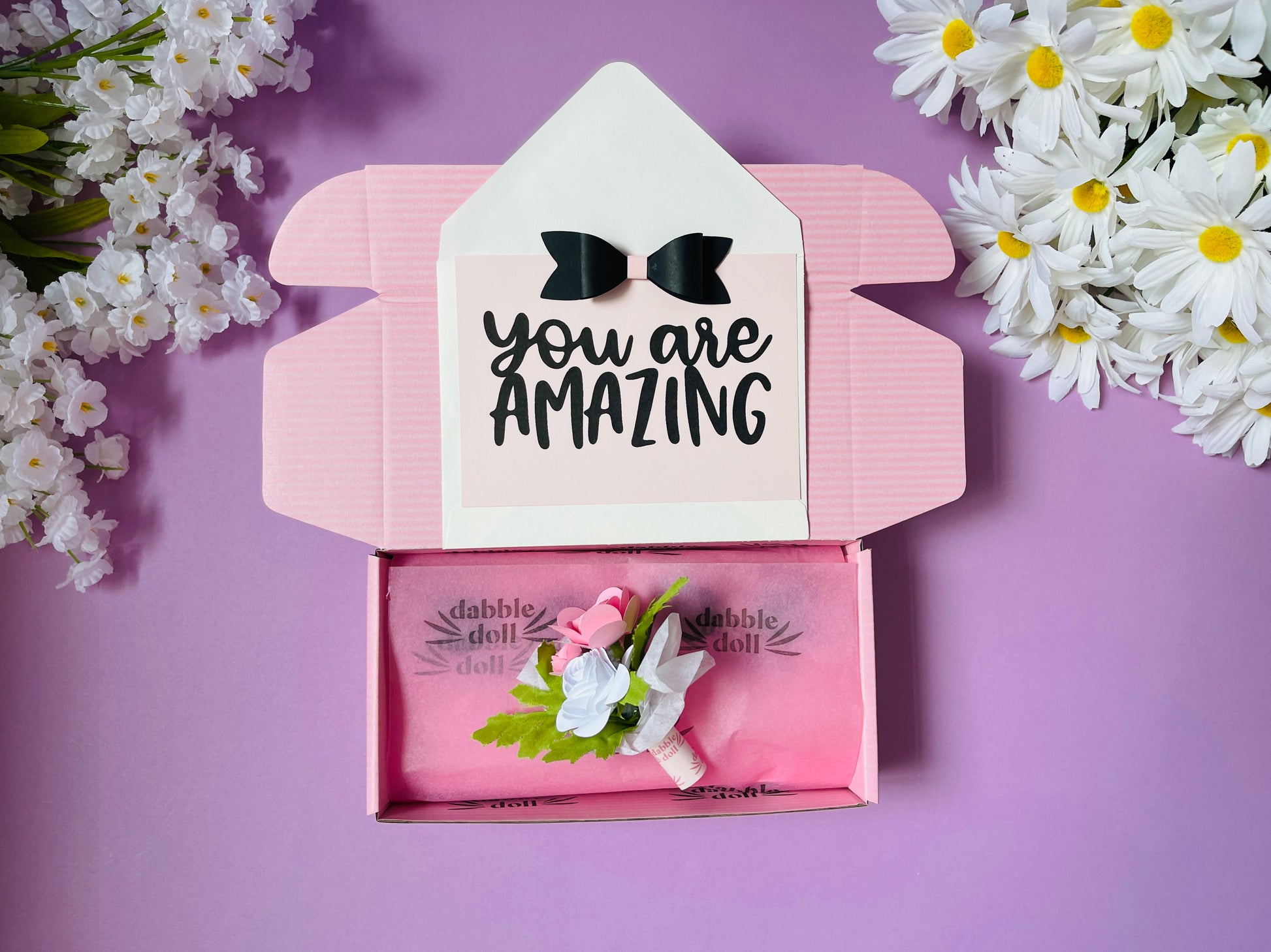 Dabble Doll hot mess survival kit gift box with pink floral decor and you are amazing card