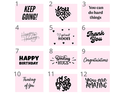 Dabble Doll hot mess survival kit with 12 motivational and celebratory pink message cards