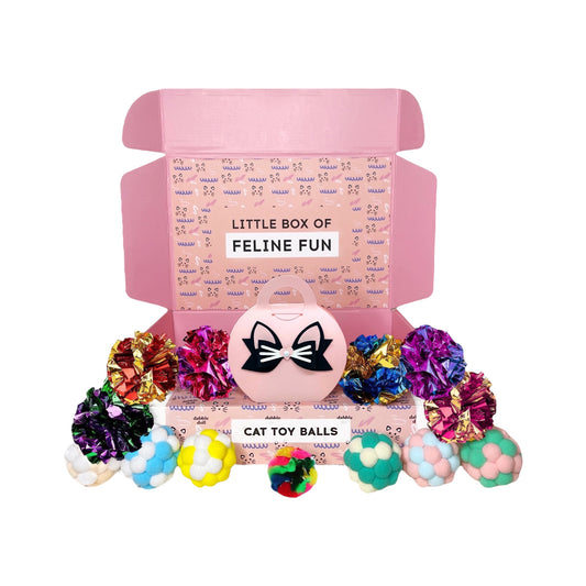 Dabble Doll luxury cat toy gift box with colorful cat toy balls and shiny crinkle toys in pink packaging