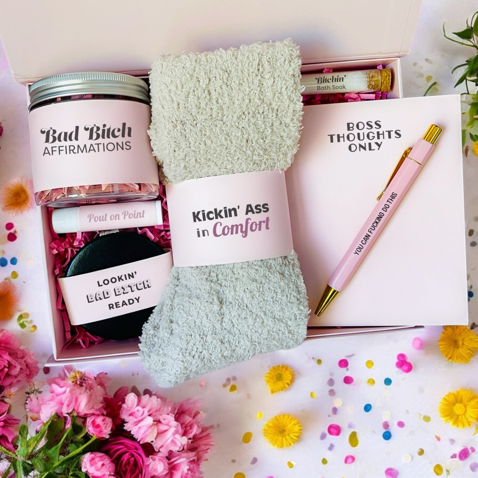 Dabble Doll motivational gift set for her with affirmations, cozy socks, pen, and bath soak in pink themed box